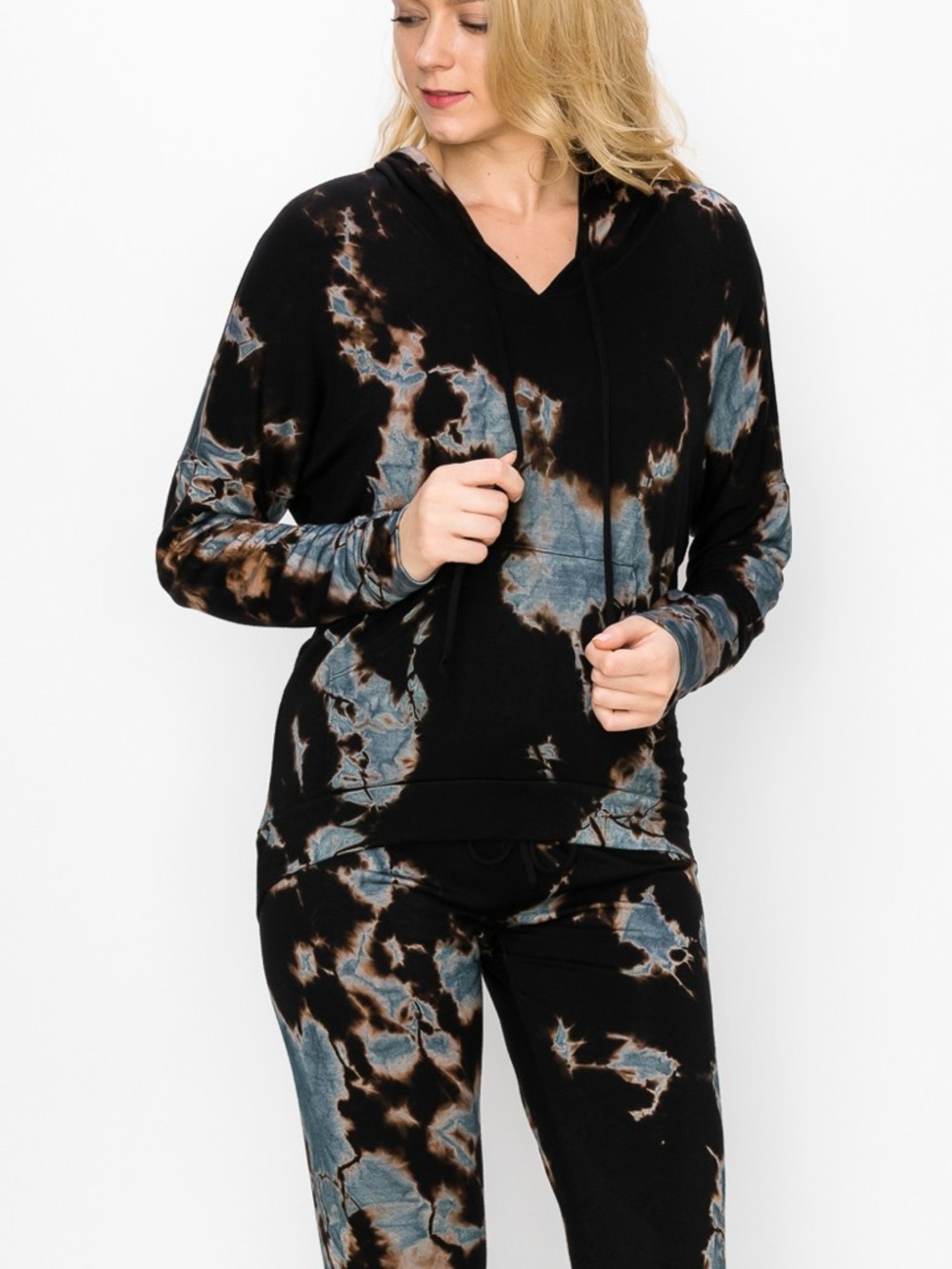 Enti‎ Lounge Set w marble tie dye print pants & hoody top pullover black blue M